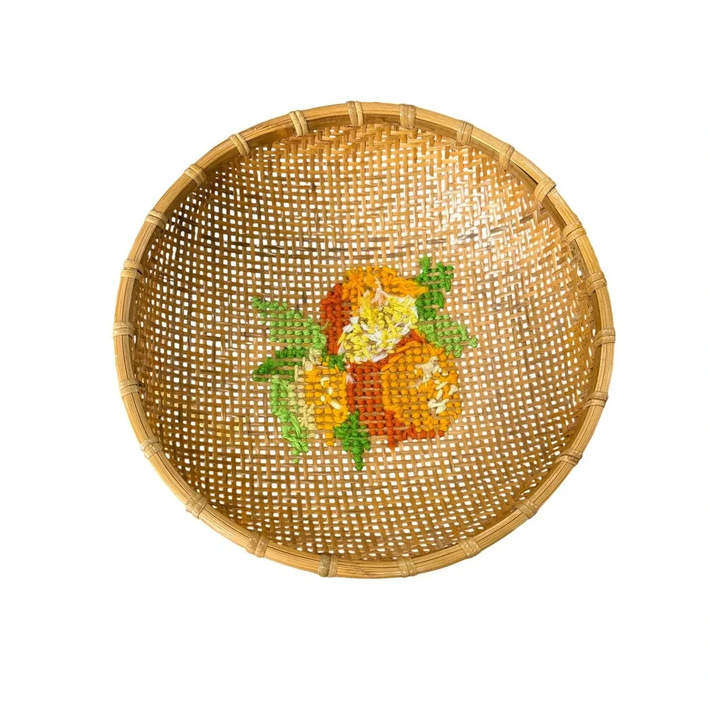 Vintage Woven Rattan Basket Yarn Embroidered Floral Folk Art Boho Wall Decor